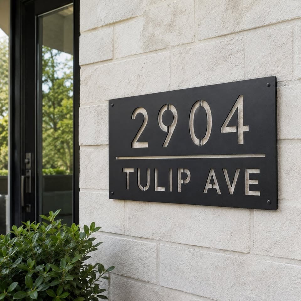 Custom Vela Metal Works address sign mounted on a modern home