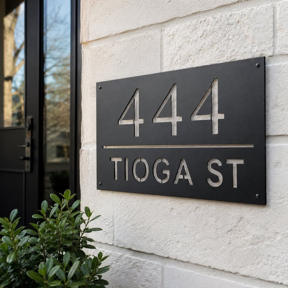 Black powder coated custom address sign mounted outdoors