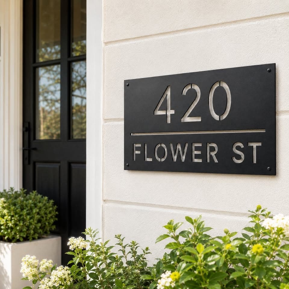 Finished custom Vela Metal Works address sign